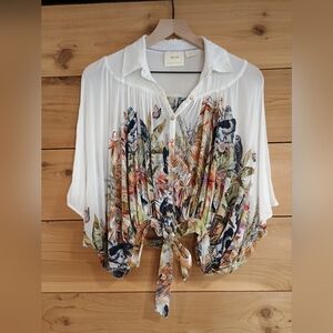 Maeve By Anthropologie Xs/S  Sheer Butterfly Floral  Tie Front Blouse Cottage